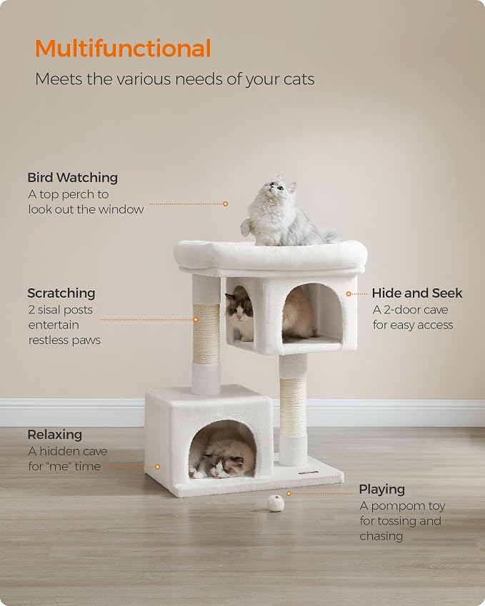 Feandrea Cat Tree, 33.1-Inch Cat Tower, Plush Condo for Large Cats up to 16 lb, Large Perch, 2 Caves, Scratching Post, Cream White UPCT061T01