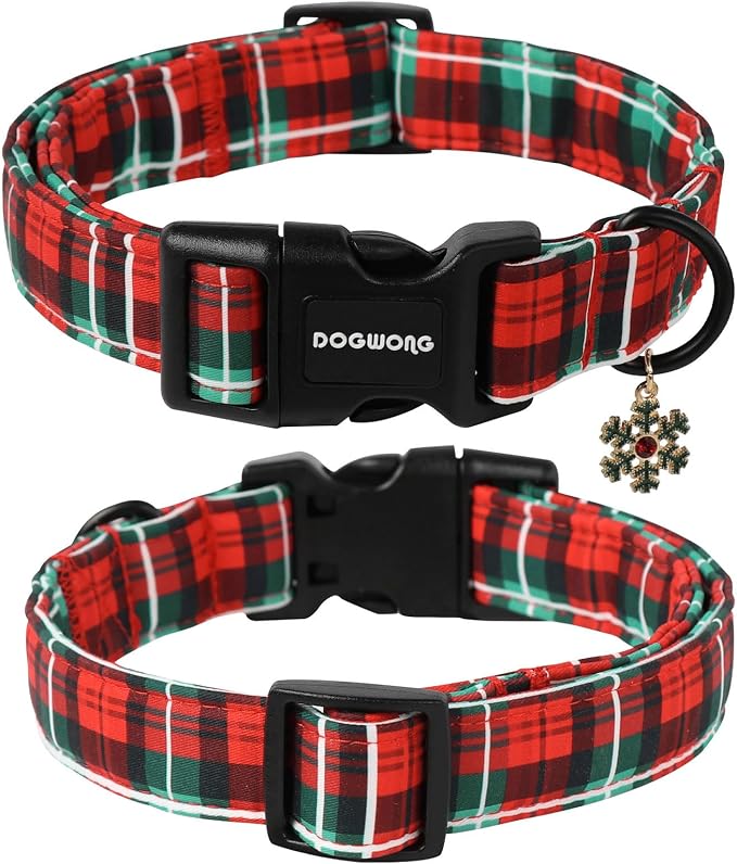 DOGWONG Christmas Plaid Dog Collar- Cute Red Christmas Checked Dog Collars Adjustable Grid Dog Collar for Small Medium Large Dogs S