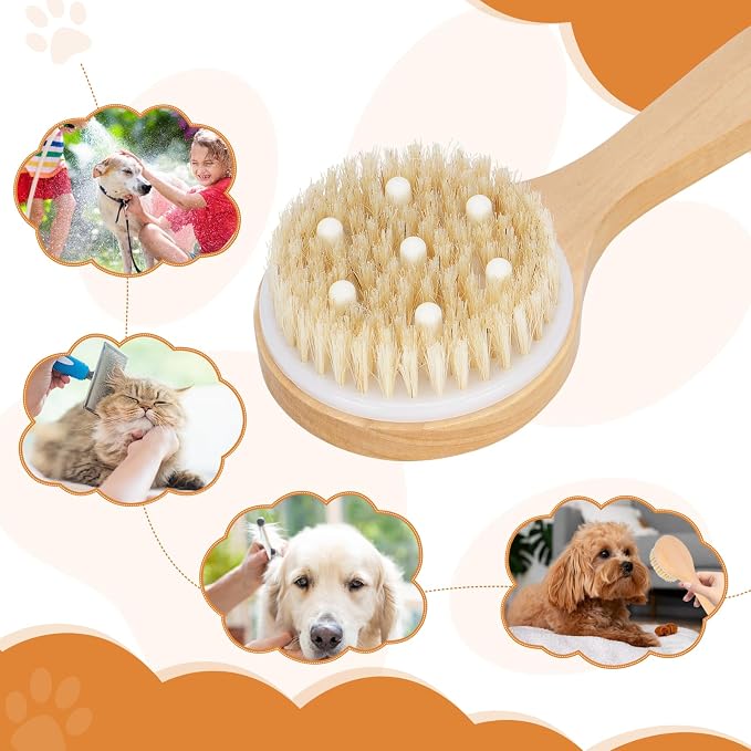 petour Dog Bath Brush Pet Shampoo Handle Bath Brush with Massage Points Dog Grooming/Washing/Massaging Wooden Brush Natural Bristle Dog Brush Removal Loos Hair for Cats Dogs, Beige