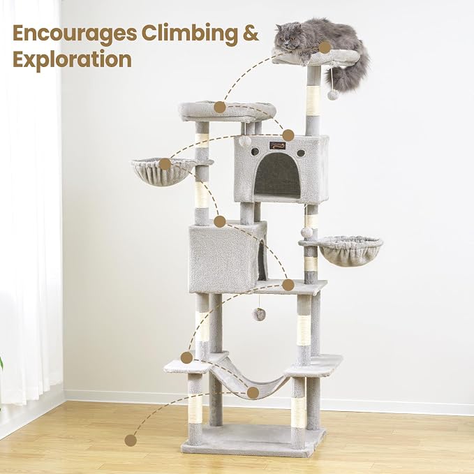 74in Cat Tree Tower for Indoor Cats, Multi-Level Design | 2 Roomy Condos, 2 Cozy Baskets, 2 Padded Perches, 9 Sisal Scratching Posts, Hammock, Hanging Toys, Wide Base, Easy Assembly
