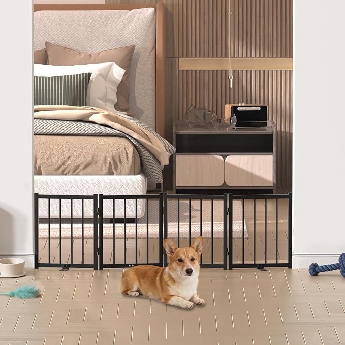 Snuowu 16" Freestanding Short Dog Gate for Small Dogs – Foldable & Retractable, Expands Up to 48" Wide, 4-Panel Pet Barrier for Doorways, Stairs & Hallways (Black)