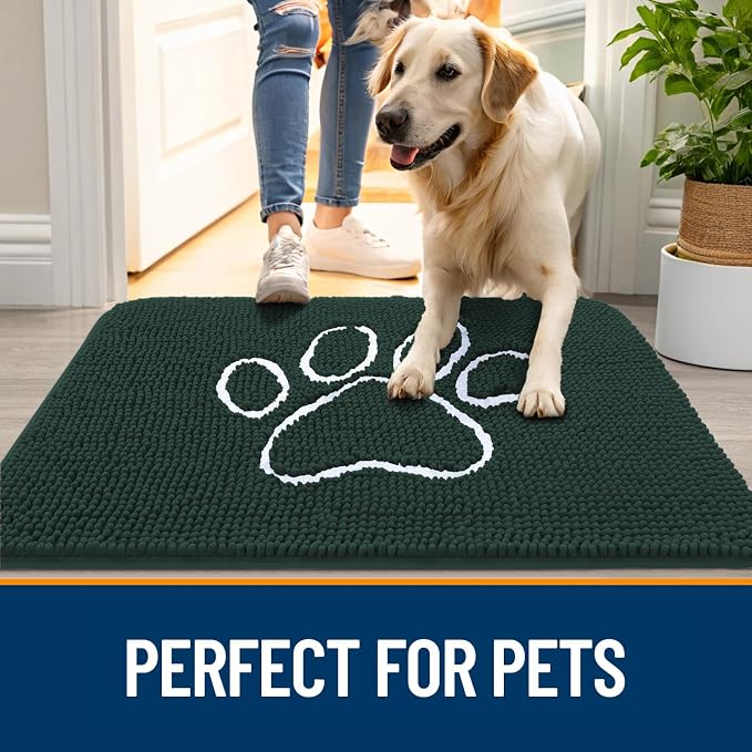 OLANLY Dog Door Mat for Muddy Paws 47x32, Paw Print Design Chenille Mud Mat | Blackish Green, Absorbent, Traps Moisture and Dirt, Non-Slip Washable Doormat, Quick-Dry Indoor Entryway Carpet for Dogs