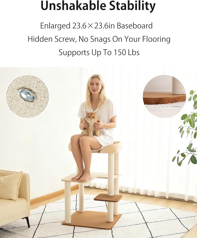 Cat Tree for Large Cats Modern Senior Friendly Wide Shelves 37.4'' | Wide shelves, cotton scratching posts, super sturdy base, cozy perch, interactive toys, luxury fabric