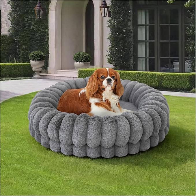 BALANCE Luxury Donut Dog Bed, 24 Inches Round Dog Beds for Small Dogs Washable, Orthopedic Calming Pet Bed for Puppy and Cats with Anti-Slip Bottom (Gray)