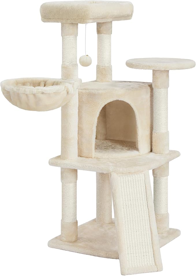 Topeakmart 42in Cat Tree Tower for Indoor Cats, Cat Condo with Perch & Hammock, Activity Center, Multi-Level Cat Furniture with Scratching Posts, Cat House, Beige