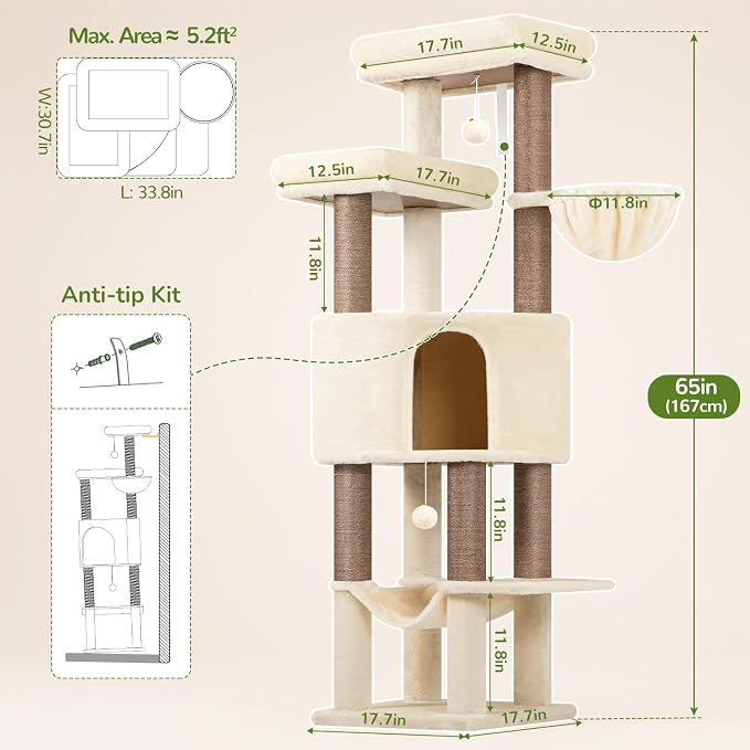Globlazer F65D Corner Cat Tree Tower with Scratching Posts, Beige | 65in Multi-Level Large Cat Scratching Tower with Hammock, 6 Scratching Posts, Basket and 2 Perches for Indoor Multiple Cats