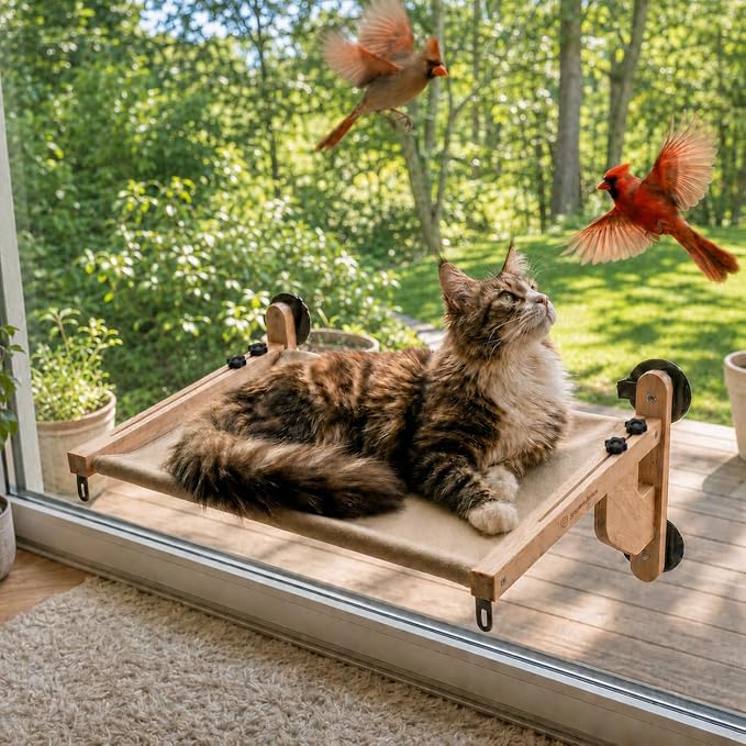 Extra Wide Cat Window Perch, 3-in-1 & Cordless with Solid Wood Frame | 40 lb Tested, 20.1 x 25.2 in Extra-Wide Frame, Heavy-Duty Suction Cups, Reinforced Steel Hooks, Converts to Floor Bed