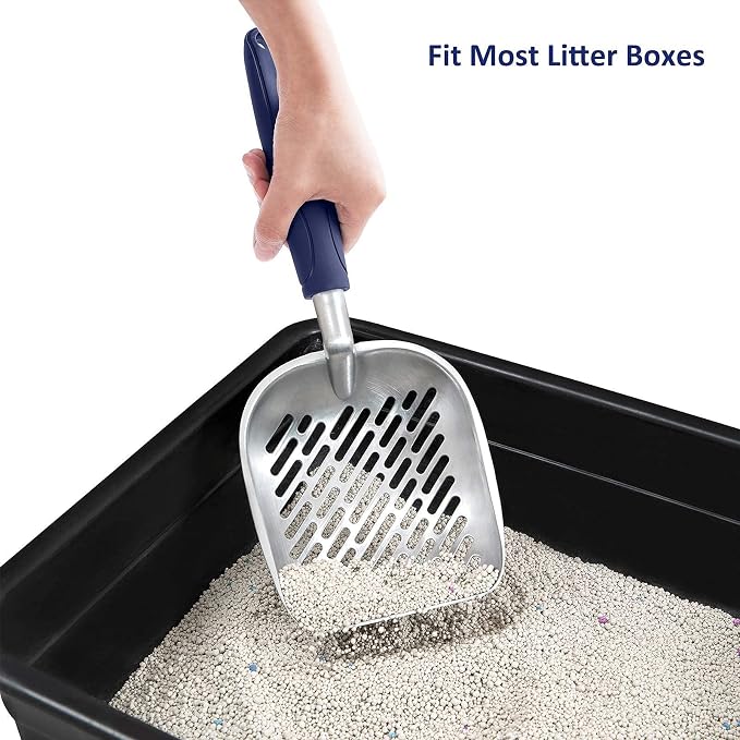 WePet Cat Litter Scoop, Aluminum Alloy Sifter, Kitty Metal Scooper, Deep Shovel with Diagonal Sifting Hole, Long Handle, Kitten Poop Lifter for Litter Box, Medium Size, Blue Handle