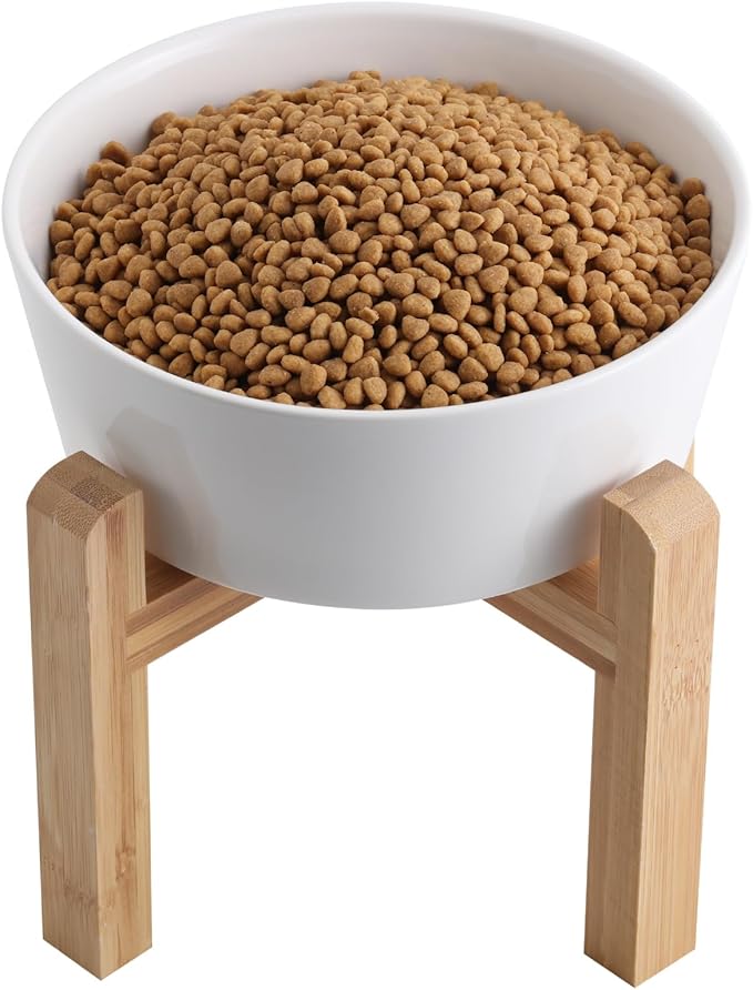 White Elevated/Raised Dog Bowl Ceramic with Wood Stand for Medium Large Breed,Dog Food Water Dish Heavy Wighted,8 in Non Slip Modern Cute Porcelain Pet Bowl Wide Extra Large