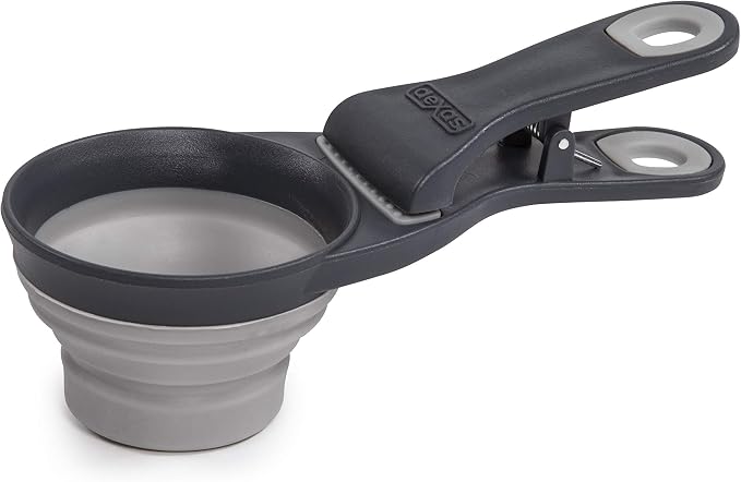 Dexas Popware for Pets Collapsible Klip Scoop, 3-in-1 Pet Food Scoop, Measuring Cup and Bag Clip, 2 Cup Capacity, Light Gray