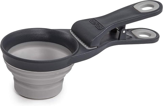 Dexas Popware for Pets Collapsible Klip Scoop, 3-in-1 Pet Food Scoop, Measuring Cup and Bag Clip, 2 Cup Capacity, Light Gray