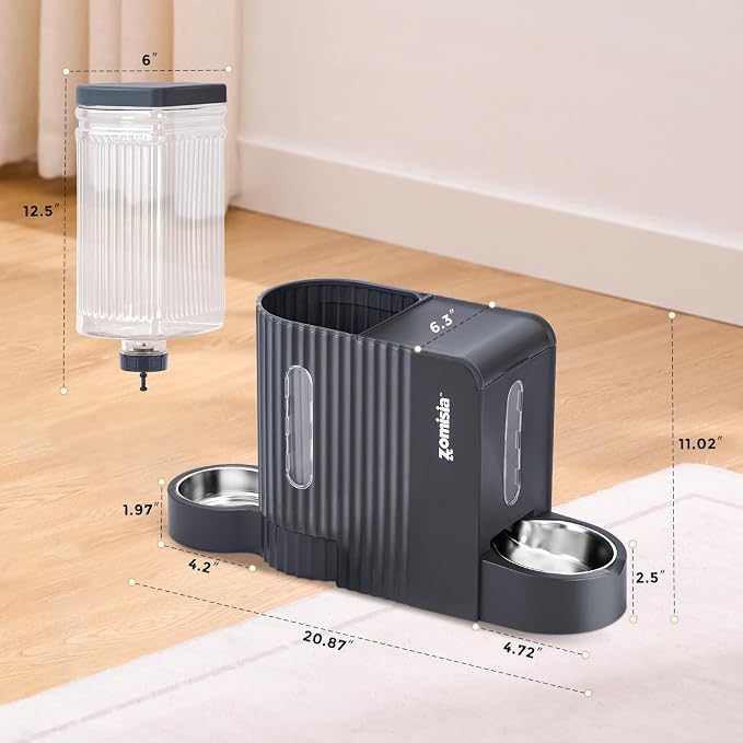 ZOMISIA Gravity Cat Feeder and Water Dispenser with 304 Stainless Steel Bowls, 2 in 1 Automatic Cat Feeder with 180 Degree Rotatable Water Bowl, Large Capacity for Puppy Kitten Rabbits, Black