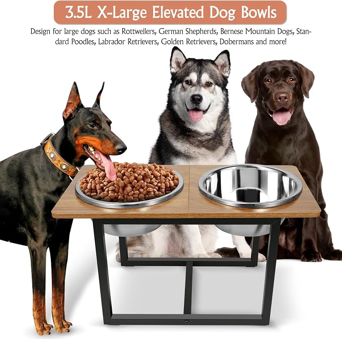 Spacnom Elevated Dog Bowls for Large Dogs, Raised Dog Bowl Stand with Two X-Large Stainless Steel Bowls for Dogs, 3.5L Capacity, Rustic Walnut
