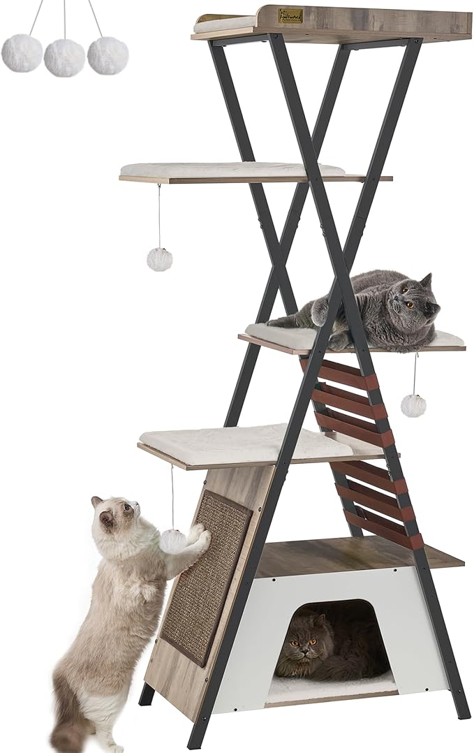 72.4" Cat Tree, Modern Cat Tower for Indoor Cats, Multi-Level Cat Condo with Caves, Tall Cat Tree with Cat Scratching Board, Wooden Cat Tower with Large Perch, Removable Pads, Camel Brown
