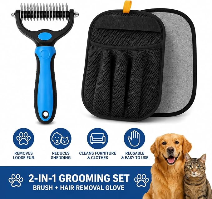 Pet Grooming Brush & Pet Hair Remover Glove Bundle | Keep your pet looking great and your home cleaner with the AJJT Pet Grooming Brush & Hair Removal Glove Bundle.