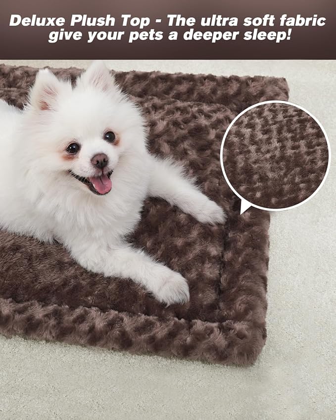Exsnugy Washable Dog Bed Mat Medium Size Fluffy Pet Crate Pad 36x23 | Non-Slip Bottom Kennel Beds Ultra Soft Comfy Sleeping Mattress for Large Medium Small Dogs Brown
