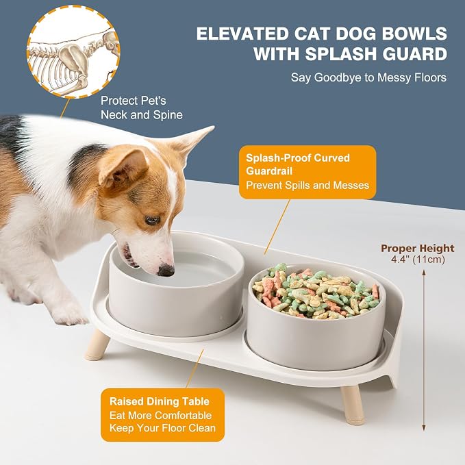 Elevated Ceramic Dog Bowl Set - Double Dog Feeding Bowls with Stand Splash Proof - Raised Dishes for Food and Water - Ideal for Small to Medium Dogs - 2 x 720 ml - 11.3 oz - Grey