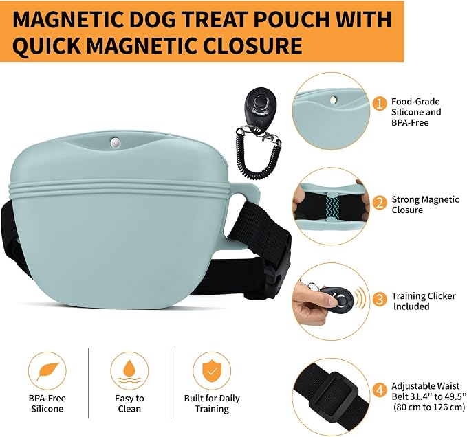 Silicone Dog Treat Pouch with Training Clicker | Upgraded Magnetic Closure, 1.6 Cup Capacity, Food-Grade Silicone, Easy Cleaning, Adjustable Belt for Training and Walking