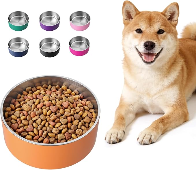LIHONG Stainless Steel Dog Bowls for Large Dogs,Dog Food Water Bowls with Non Slip Rubber Bottom,Pet Feeding Bowl,Double Wall Insulated,Rustproof(64oz,Orange)
