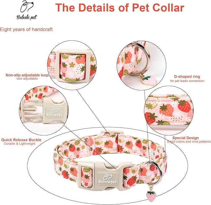 Strawberry Dog Collar for Medium Dogs - Cute Spring Pink Dog Collars, Summer Pastel Puppy Collars, Soft Adjustable Boy Girl Dogs Collar with Quick-Release Buckle M