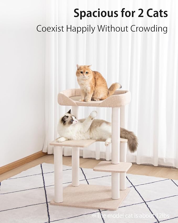 Cat Tree for Large Cats, Modern Senior Friendly Cat Tower with Wide Shelves, Cotton Scratching Posts, Super Sturdy Base, Cozy Perches, and Interactive Toys for Indoor Kittens, 37.4'' Ivory.