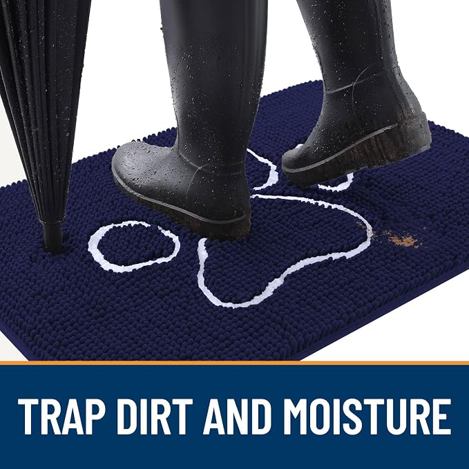 OLANLY Dog Door Mat for Muddy Paws 47x32, Paw Print Design Chenille Mud Mat | Navy Blue, Absorbent, Traps Moisture and Dirt, Non-Slip Washable Doormat, Quick-Drying Indoor Entryway Floor Carpet for Dogs