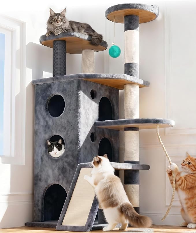 Eco-Wood Cat Tree Tower,【Top Heavy Duty】 Cat Tower for All Indoor Cats | 54” Super Sturdy Cat Tower Bed with 6 Scratching Posts, Scratch rope, Scratcher, 3 Enlarged Cat Condos, Jumping Perches