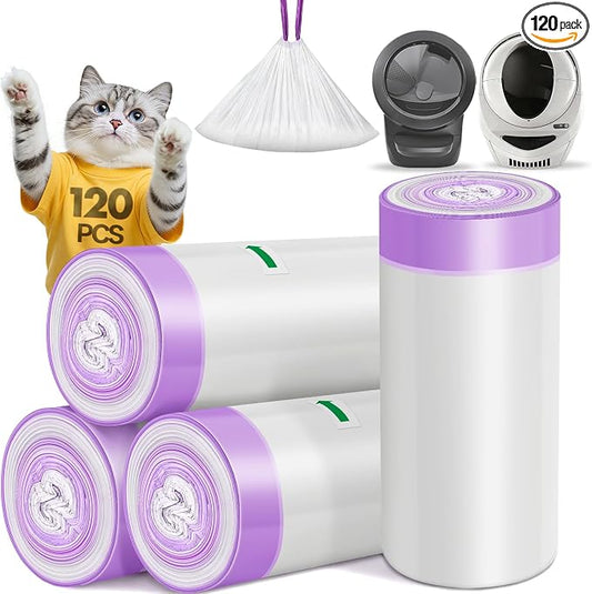 120 Pack Automatic Cat Litter Box Waste Bags Compatible with Litter Robot 4/3, 26LBS Heavy Duty Tear-Resistant Drawstring Cat Litter Liners, Sensor-Compatible,10-12 Gallon, 26.4" x 15.7"