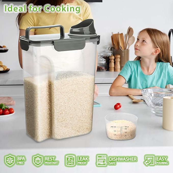 Viretec Rice Storage Container, 5 to 10lb Dry Food Airtight Dispenser, Pet Dog Cat Food Canister, BPA Free Clear Plastic Kitchen and Pantry Organization Bin for Oatmeal, Grain, Cereal, Pasta, Flour
