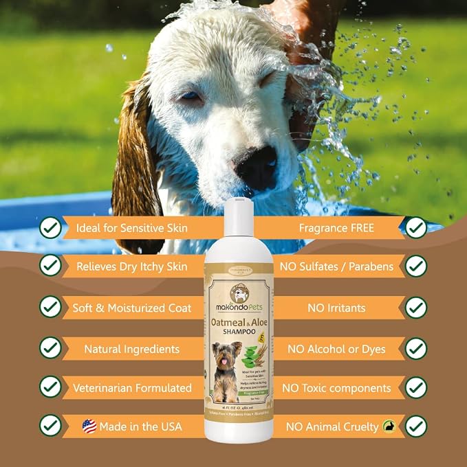 Oatmeal Shampoo for Dogs with Aloe Vera. Mild for Sensitive Skin. 16 Oz | Hypoallergenic ideal for Allergies and Itching. Fragrance Free Puppy Shampoo. All Breeds and Ages.