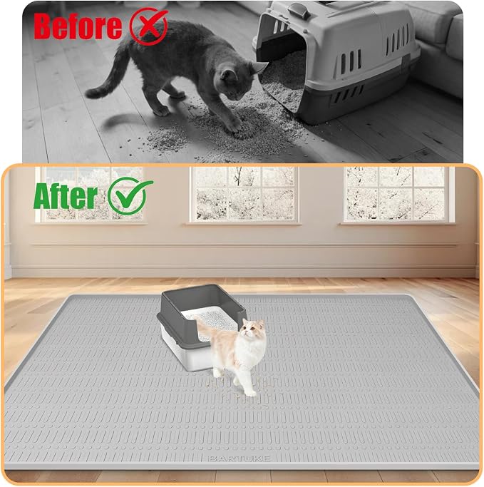 Silicone Cat Litter Mat 47" x 35" Cat Mat for Litter Box, Light Grey | Extra Large Cat Litter Trapping Mat for Floor, Waterproof, Non-Slip Kitty Litter Box Mat with Raised Edge, Easy to Clean