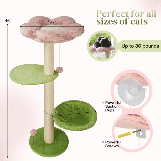 2 Ways Cat Window Perch, Flower Window Perch for Cats Inside with Hammock & Jumping Paltform, Cats Window Bed with Tall Sisal Scratching Post, Cat Hammock for Windows with 2 Strengthened Suction Cups