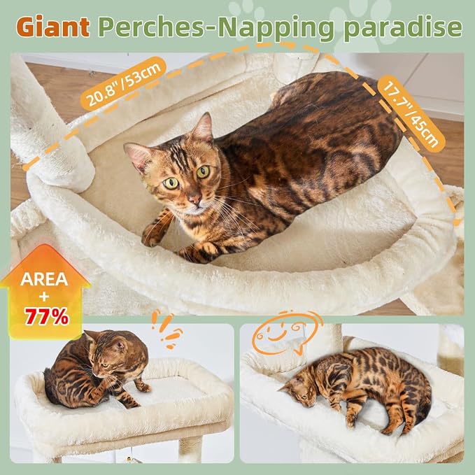 Taoqimiao Heavy-Duty Cat Tree, 71 in Cat Tower for Large Cats 20lbs+ | 3 Giant Multi-Tier Perches, Widened Cat Condo with 9 Scratching Posts, Plush Hammock & Basket, Toys, Beige, MS034M