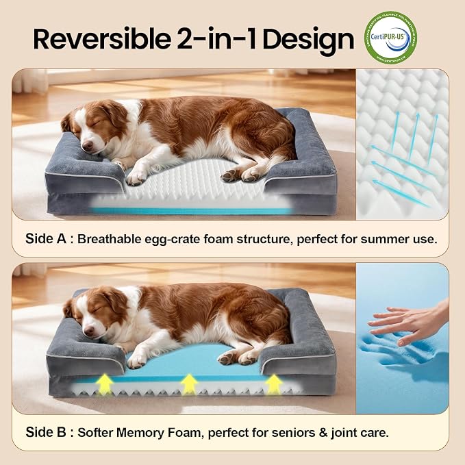OhGeni Orthopedic Dog Bed Couch Cat Sofa for Large Sized Pets with Memory Foam, Machine-Washable Waterproof Removable Cover, Soft Comfortable Fabric, 35-inch (Gray)