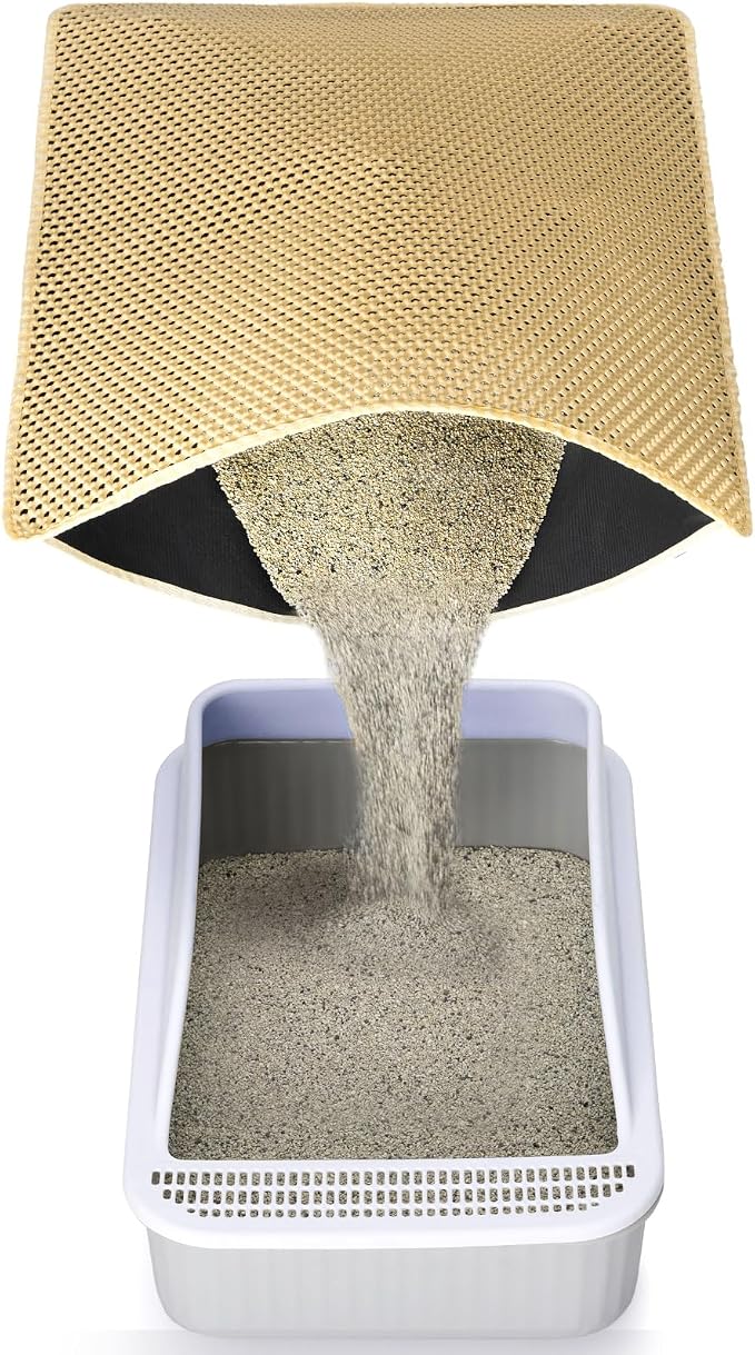 Cat Litter Mat Litter Trapping Mat, Large 35x25in, Ideal for Light Floors | Double-Layer Honeycomb Cat Litter Mat for Less Mess, Waterproof & Urine-Resistant Cat Mat, Keeps Floor Clean, Khaki