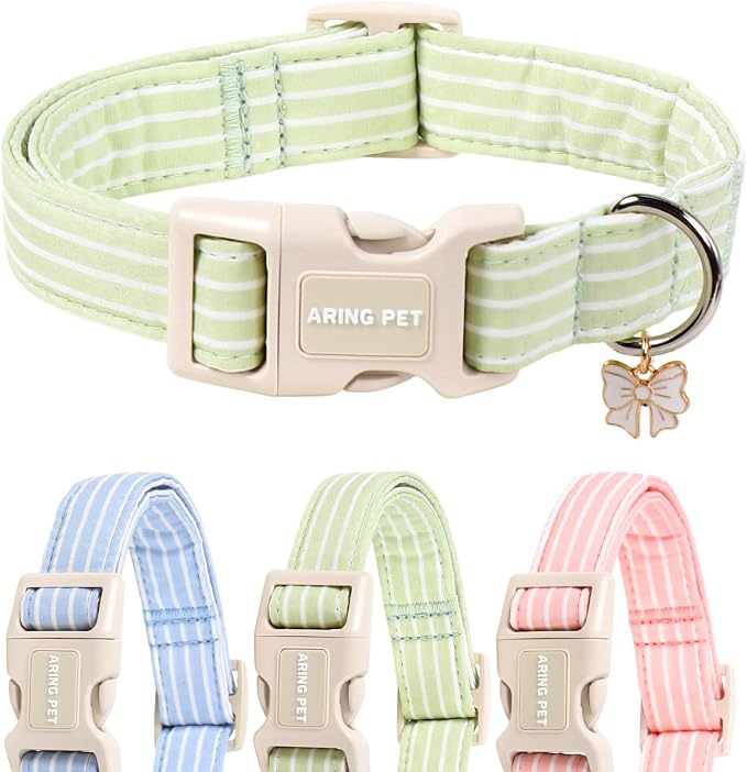 ARING PET Stripe Dog Collar, Cute Spring Summer Green Stripe Pet Collars with Bow Charm for Puppy Small Medium Large Boy Girl Dogs-M, for Daily Outdoor Walking Training