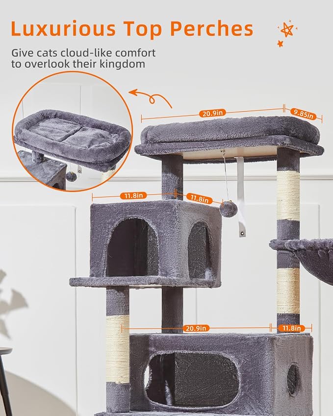 Taoqimiao Cat Tree, 49In Cat Tower for Indoor Cats Large Adult | 2 Luxurious Cat Condos, Thick Padded Top Perch, Adjustable Hanging Baskets, 5 Scratching Sisal Posts, Smoky Gray MS029LG