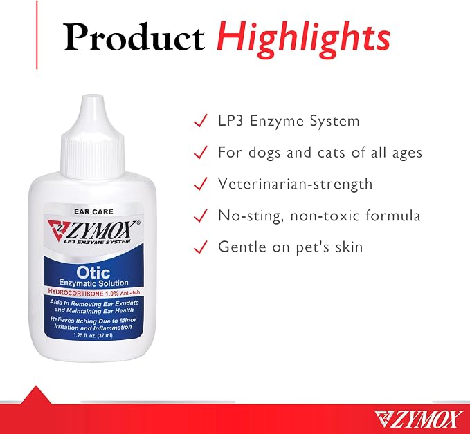 Zymox Otic Enzymatic Solution for Dogs and Cats to Soothe Ear Infections with 1% Hydrocortisone for Itch Relief, 1.25oz (Pack of 2)