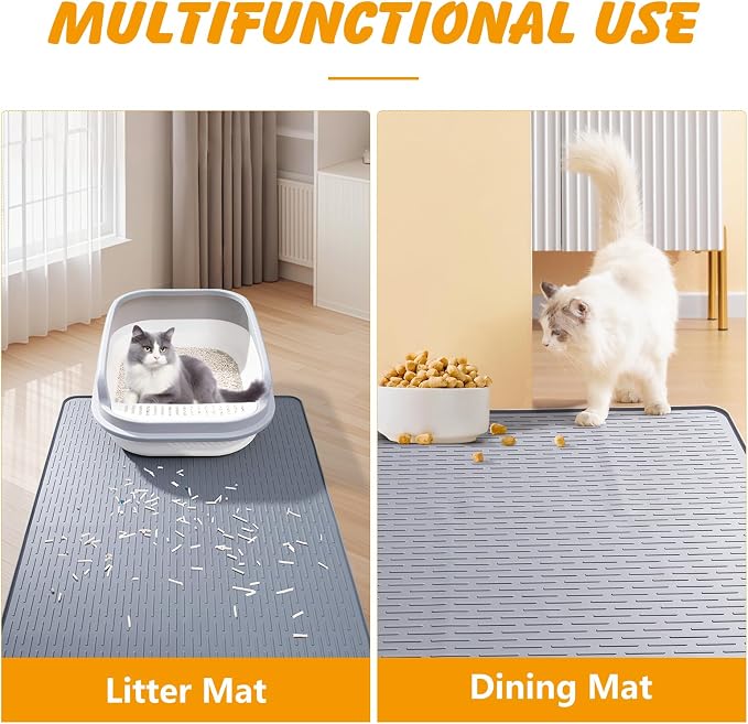 Silicone Cat Litter Mat 34 x 22 in, Waterproof Raised Edge, Gray | Quick-clean silicone, traps litter, stain and odor resistant, non-slip base, for litter box or feeding area