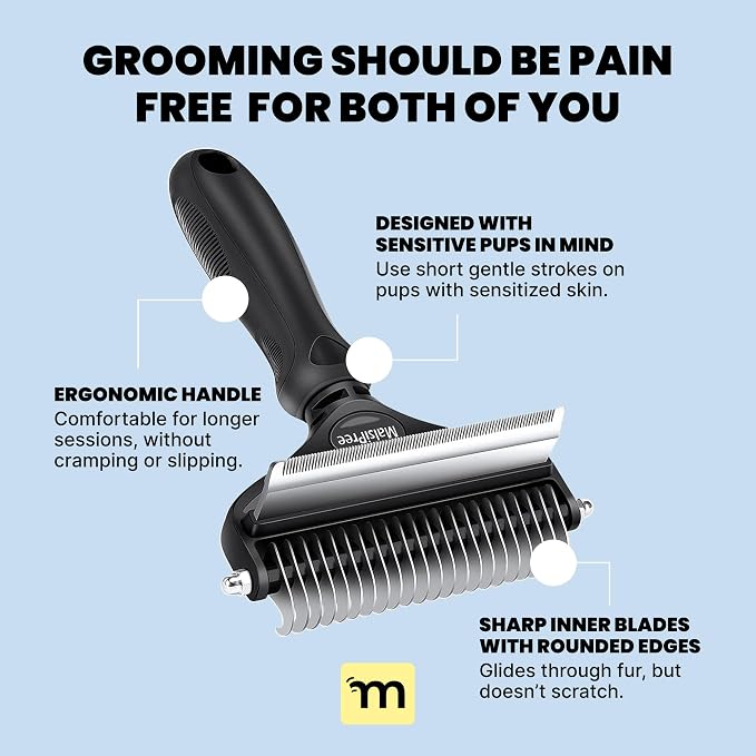 MalsiPree Dog Brush - Large Black, 2-in-1 Undercoat & Dematting Rake | 2-in-1 undercoat rake & dematting brush - deshedding tool - Use for medium to large double-coated dogs & cats