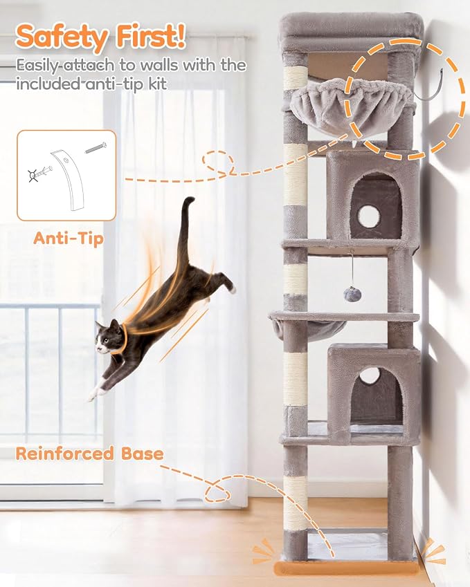 Taoqimiao Heavy Duty Cat Tree, 73In Sturdy Cat Tower for Large Cats 25lbs+ | 2 Widen Condos, Enlarged Sleeping Platform, 9 Scratching Posts, 2 Cozy Baskets, Cat Toys, Light Gray, F30W