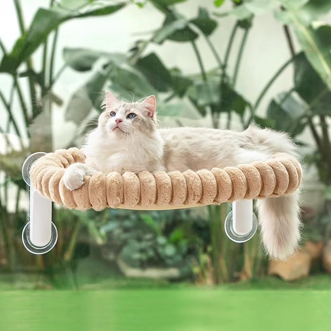 Sunhoo Foldable Cat Window Perch, Large Suction Cup Kitty Hammock, Tan | Windowsill Pet Bed for Cats Inside, Cordless Kitten Seat Supports 40 lbs, Soft Reversible Plush Cushion, Machine Washable