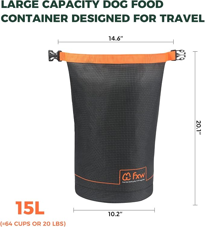 FXW Dog Food Travel Bag，Large Capacity for Travel Kibble Storage Perfect for RV Road Trips, Camping, Longterm Dog Boarding Gear Accessories Gray, 64 Cups