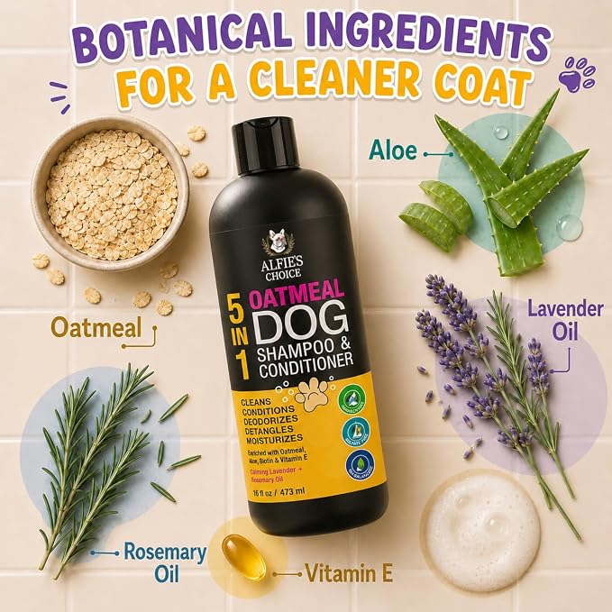 Oatmeal Dog Shampoo and Conditioner for Itchy Skin Relief 16 fl oz | 5-in-1 Puppy Shampoo for Sensitive Skin | Clean, Condition, Deodorize & Detangle | Dog Wash for All Breeds | ALFIE'S CHOICE
