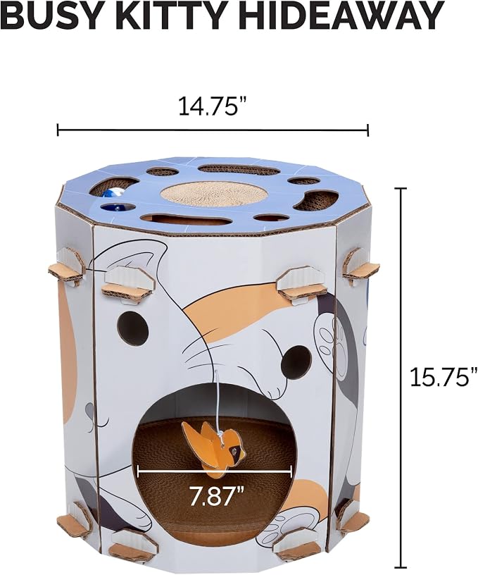Furhaven Cardboard Hideout w/ Catnip for Indoor Cats, Ft. Scratching Pad, Ball Track, & Toys - Kitty Hideaway Corrugated Cat Scratcher House - Cat Print, One Size