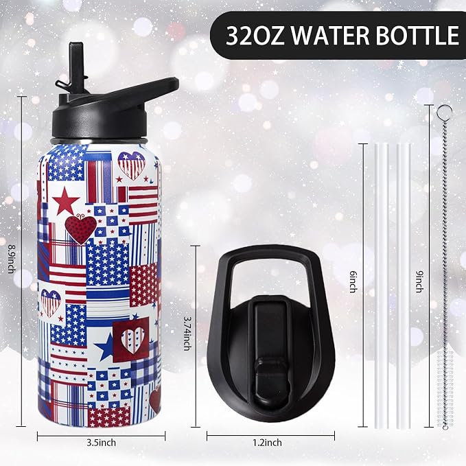 32oz American Flag Flip Stainless Insulated Aater Water Bottle with Straw,4th of July Gym Hiking Sports Coffee Mug Cup Water Bottles,Patriotic Military Gifts For Veterans, Police