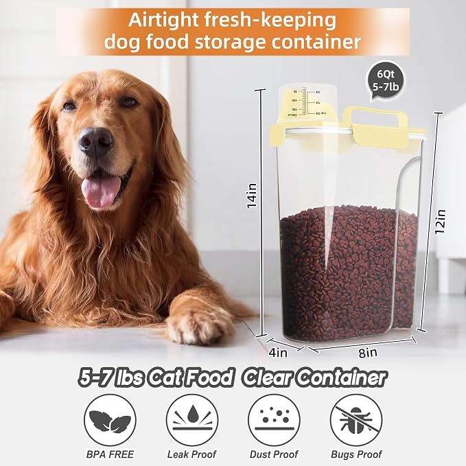 LEAWALK 5-7Lbs Cat Dog Storage Container, Portable Pet Food Containers with Upgraded Large Spout and Cup, Small Animal Kibble Dispenser for Bird Seed, Oatmeal, Rice, Flour, Brown Sugart-Light Yellow