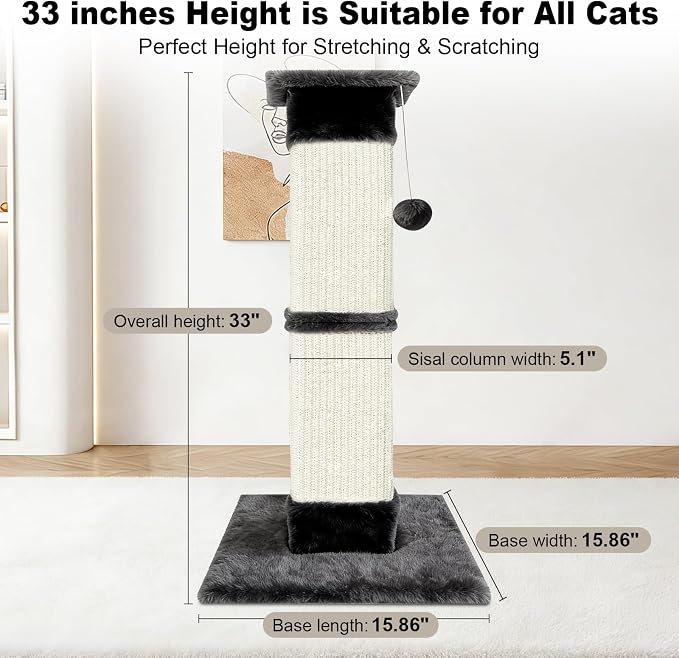 Cat Scratching Post 33 inch for Indoor Cats, Sisal Cat Scratcher, Vertical Posts with Dangling Ball, High Cat Scratch Post, Cat Tree for Full-Body Stretching, Protect Your Furniture, Black