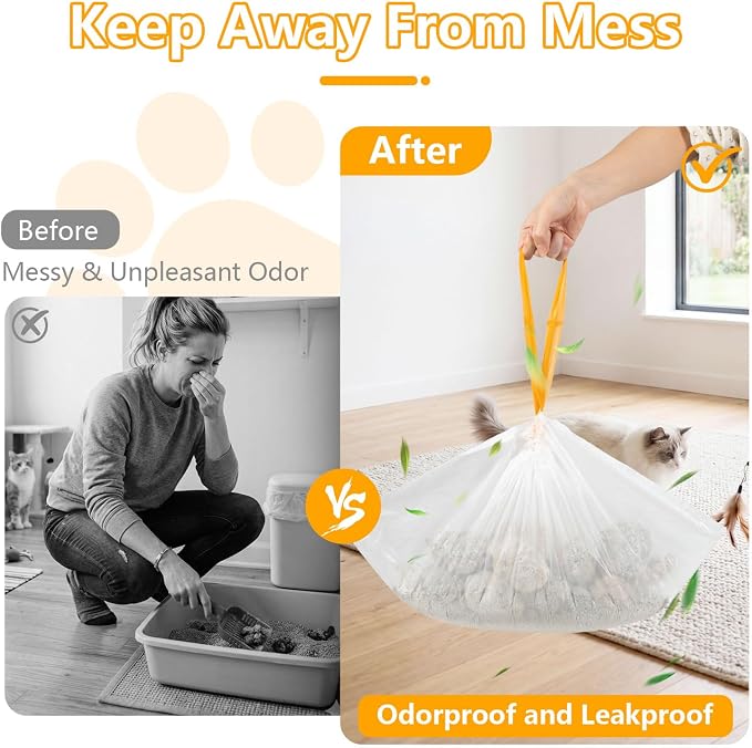 Litter Box Bags for PetPiv.o AutoScooper 11/12, 25.19x11.8in, 100 Count | Unscented, Drawstring “Pull & Lift" Cleanup, Extra Thick and Prevent Leaks, 9-10 Gallon Capacity for Multi-cat Households