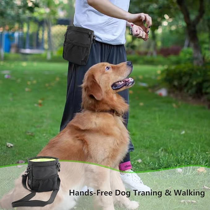 Dog Treat Pouch, Pet Training Clickers,Hands-Free Waist Belt Clip Nylon Pet Treat Pouch with Shoulder Strap, Puppy Walking Supplies Built-in Poop Bag Dispenser for Cat Bird Rabbit (Black)